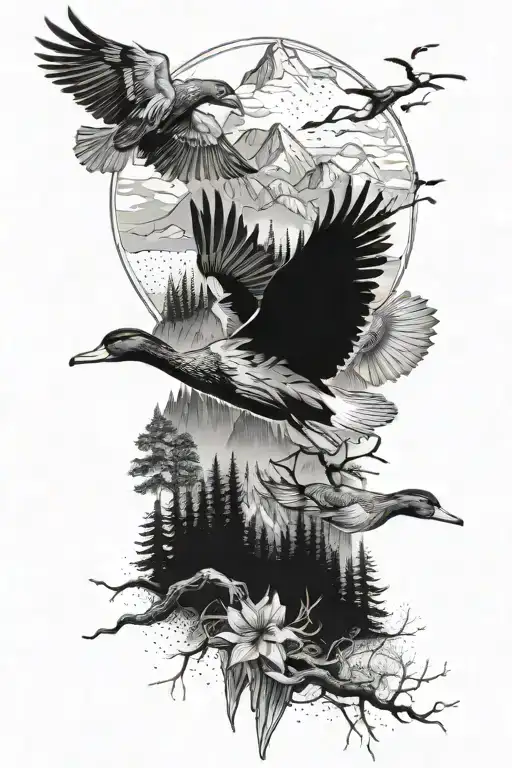 A Unique Design Combining Elements Of Ducks And Forest Covered Mountains In A Black-grey Style