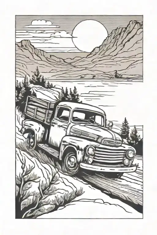 Old Pickup Truck Driving Up Hill To Horizon In The Background