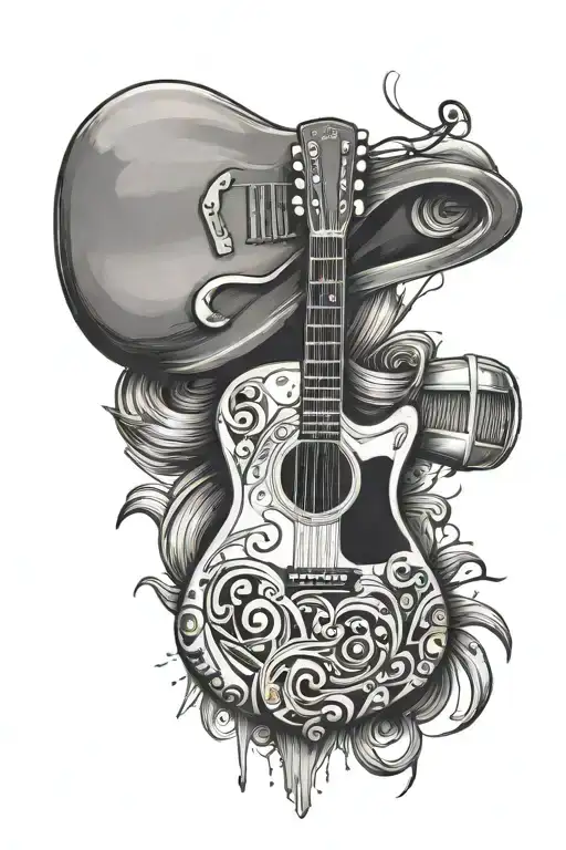 Guitar And Microphone Surrounded By Musical