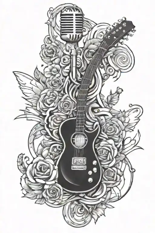 Guitar And Microphone Surrounded By Musical
