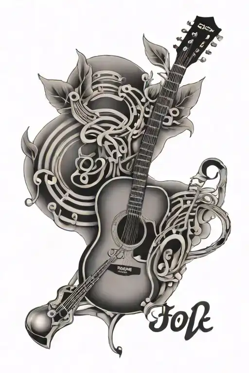 Guitar And Microphone Surrounded By Musical Notes