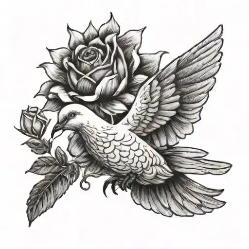 A Dove Mid Flight Holding A Sunflower And A Rose