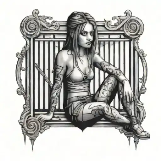 Prison Bars And Pretty Girl Sitting