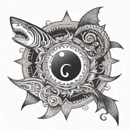 Shark And Mermaid Yin Yang Mandala Design Incorporating Elements