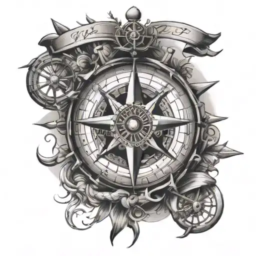 Compass And Ships Wheel Intertwined