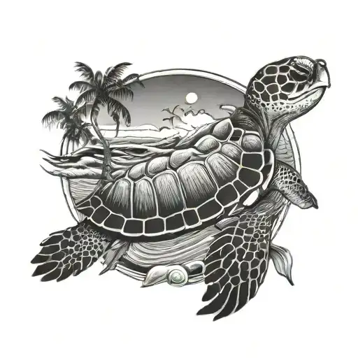 Beach With Palm Trees Sea Turtle Waves