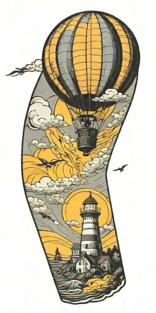 Hot Air Balloon And A Lighthouse In Hurricane
