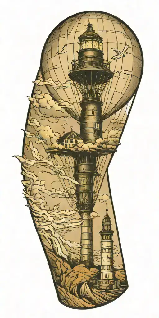 Hot Air Balloon And A Lighthouse In Hurricane