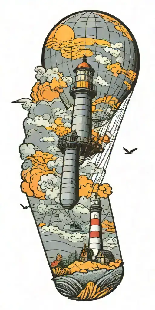 Hot Air Balloon And A Lighthouse In Hurricane