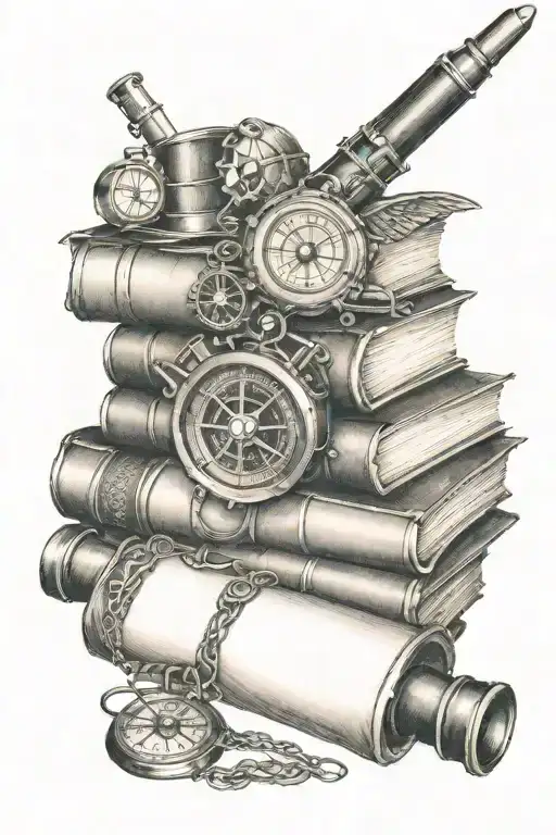 Steampunk Inspired Stack Of Books With Compass And Monocular