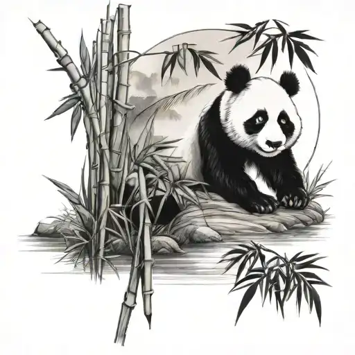 Panda In A Bamboo Forest At Night Moon Beside A River