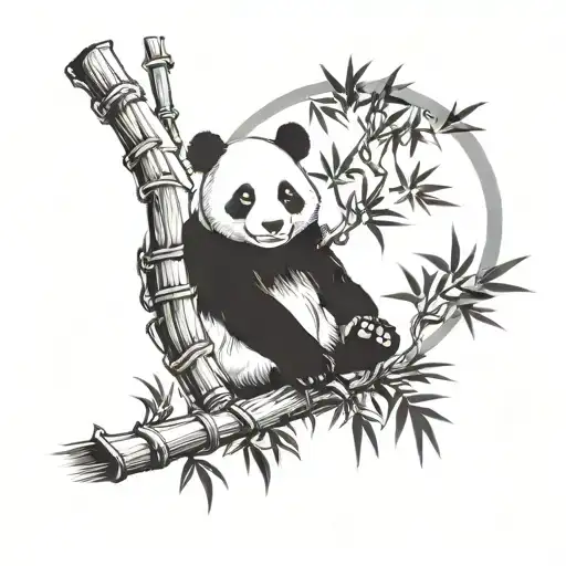 Panda On A Bamboo Tree At Night Moon Beside A River