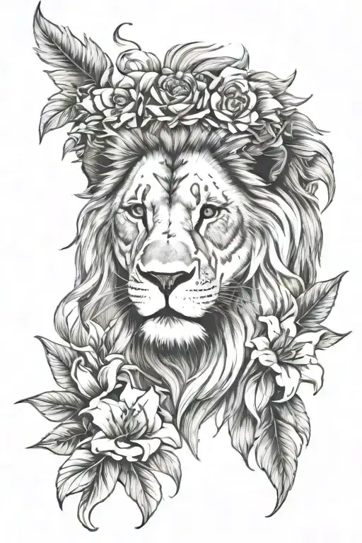 Lion Head With Lily Flowers Around It With Flower Crown