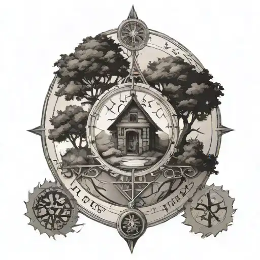 Stone Road To Oak Life Of Tree Under Family House Surrounded Rune Compass Rose