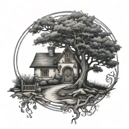 Stone Road Leading To Life Of Tree With House And Rune Compass Rose