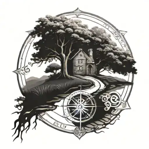 Long Stone Road Leading To House With Oak Tree Of Life With Rune Compass