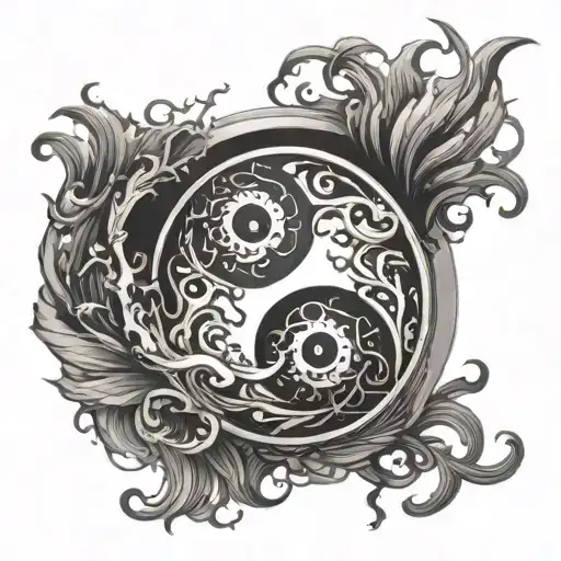 A Dynamic Tattoo Featuring Wind And Fire Elements In A Yin And Yang Symbol