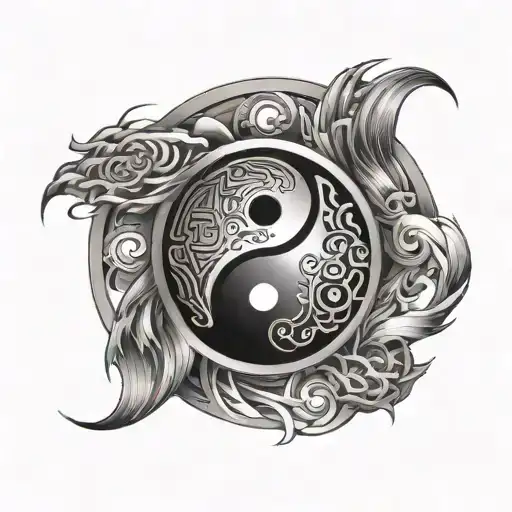 A Yin And Yang Symbol With Elements Of Wind And Fire Incorporated In A Geometric Design