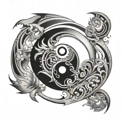 A Yin And Yang Symbol With Elements Of Wind And Fire Incorporated In A Geometric Design