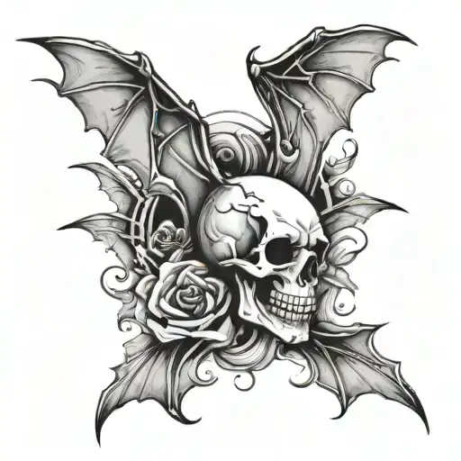 Skull And Bats Flying