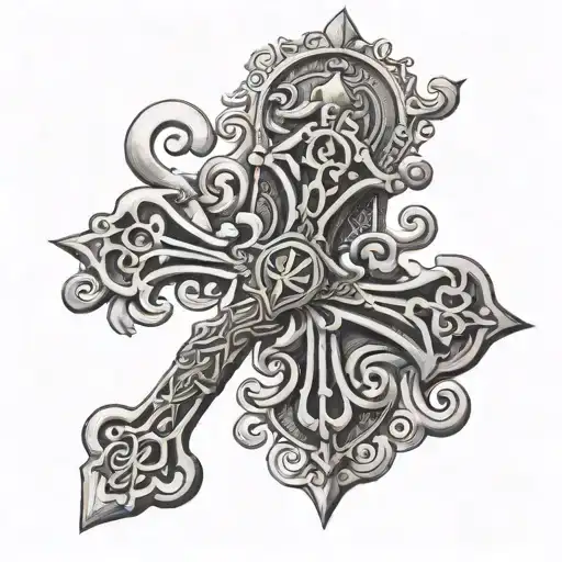 A Tattoo Of The Christian Cross Made Up Of Intricate Lock And Key Designs
