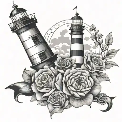 Black And Grey Lighthouse With Anchor And Roses And A Compass