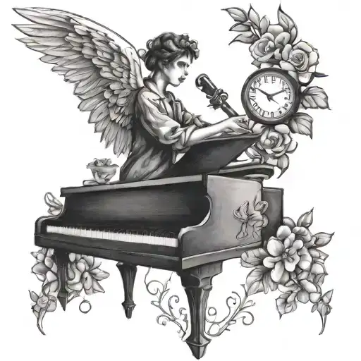 Angel With Cardinal Wings Playing A Piano With An Azalea Flower And Clock
