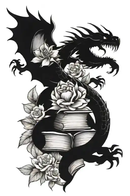 Dragon Curled Around A Pile Of Books Surrounded By Bold Floral