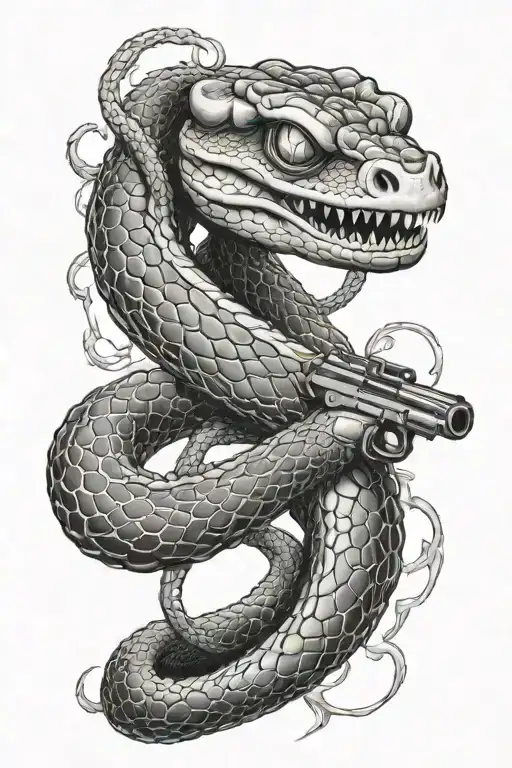 A Coiled Snake Holding A Gun In The Lightning