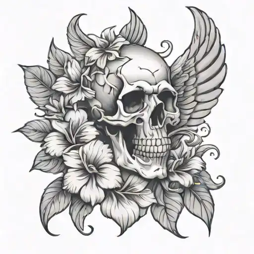 Skull With Wings And Hibiscus Flowers