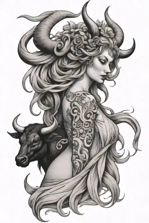 Goddess With Flowing Hair And Bull