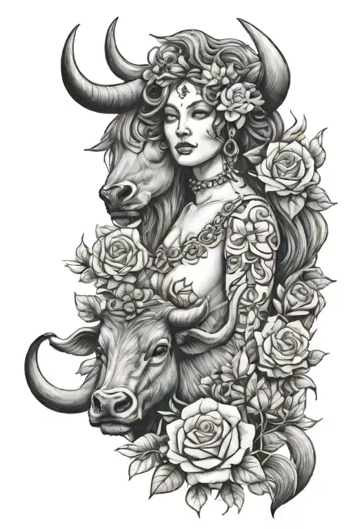 Taurus Goddess With Bull And Flowers