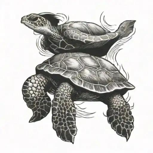 A Black-grey Tattoo Of A Student Swimming Alongside A Turtle
