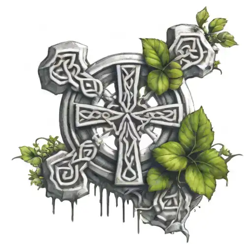 Tattoo Of A Big Celtic Cross With Clovers Growing Out Of The Cracks Of The Cross