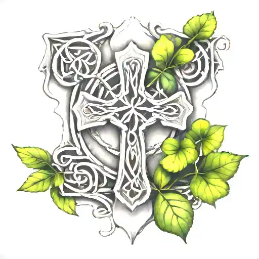 Black And White Tattoo Of A Big Celtic Cross With Clovers Growing Out Of The Cracks Of The Cross