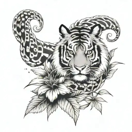 Sak Yant Tiger Horse Snake In Cannabis Leaf Intertwined