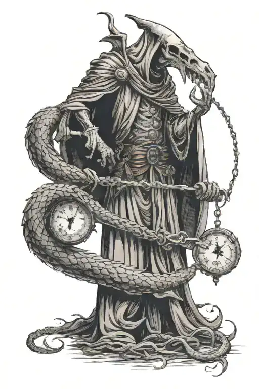 Grim Reaper Holding Scales Reaching For A Dragon