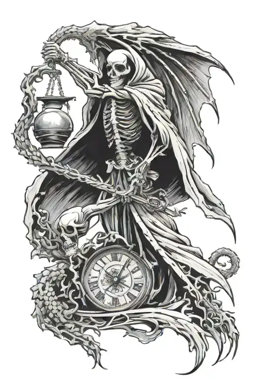 Skeleton Grim Reaper Holding Scales Reaching For A Flying Dragon