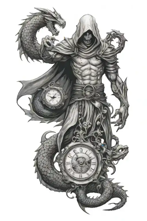 Reaper Holding Scales Surrounded By Dragon