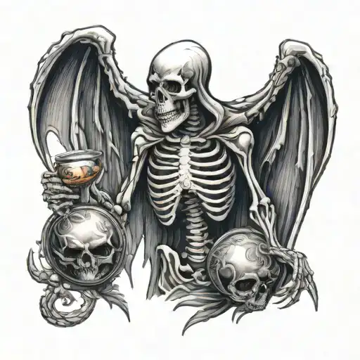 Skeleton Reaper Holding Scales Surrounded By Dragon