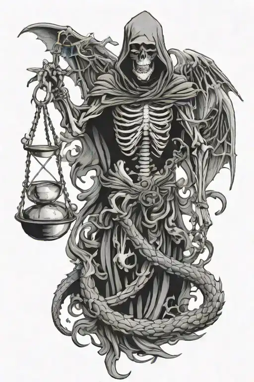 Skeleton Reaper Holding Scales Surrounded By Dragon