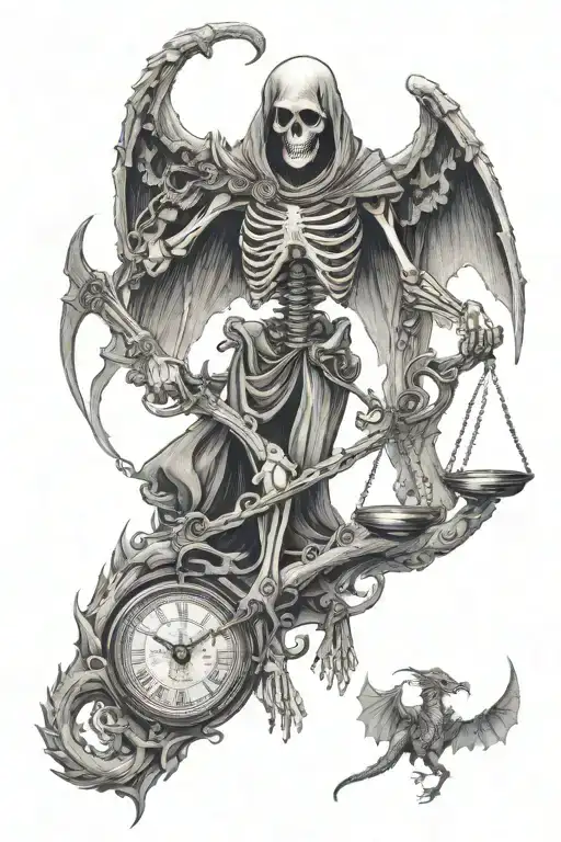 Skeleton Reaper Holding Libra Scales Surrounded By Flying Dragon
