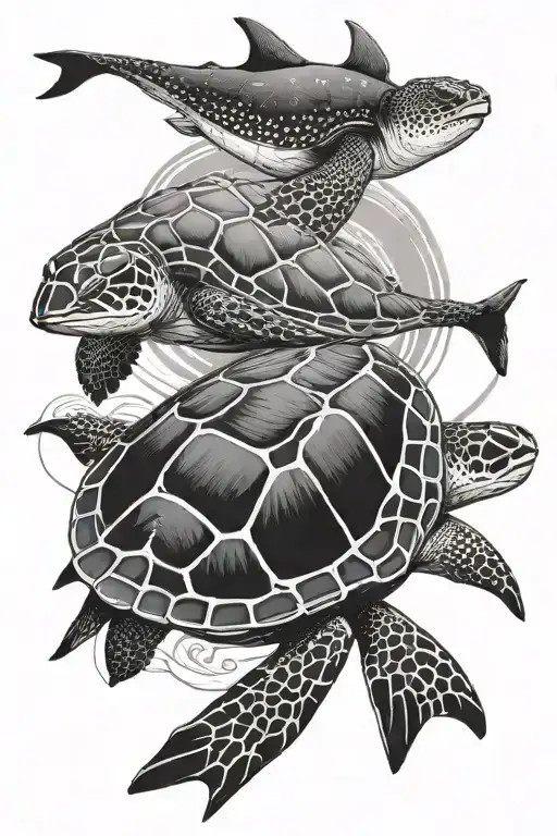 Sea Turtle With Whale Shark Swimming