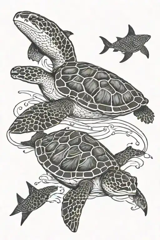 Seaturtle Swimming Together With A Whale Shark