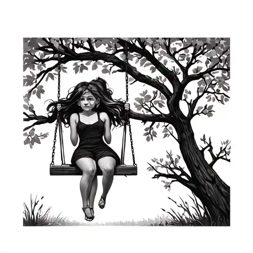 2 Girls On Swings In A Tree Branches