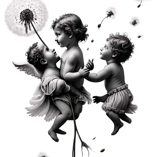 Cherub Blowing A Dandelion With Two Children Floating On A Seed Each