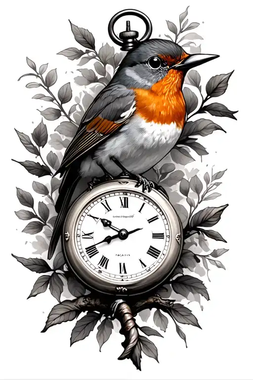 A Robin Pearched On A Branch With A Vintage Pocket Watch