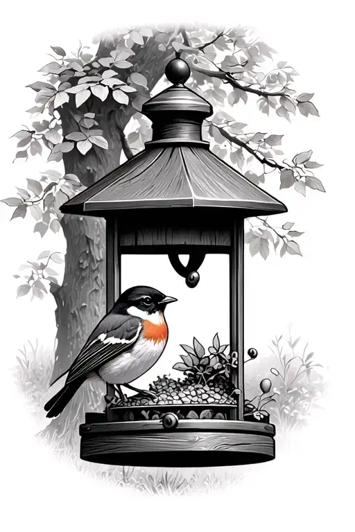 A Robin Bird Feeding Out Of A Vintage Bird Feeder With A Tree In The Background