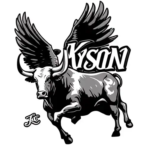 Tattoo Stencil Of The Name Kayson With Flying A Bull Next To It