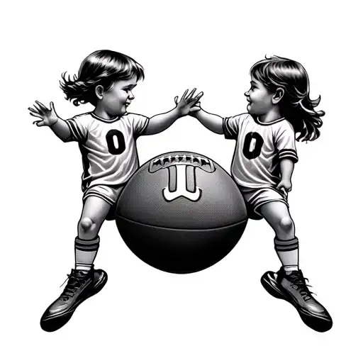 Get A Picture For A Tatto In Which Two Bavarian Children Each Have A Foot On A Football And The U Is